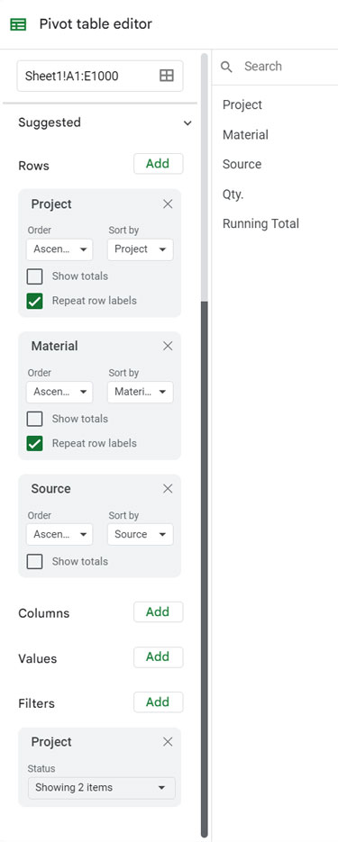 Pivot Editor Panel Settings for the First Pivot Table