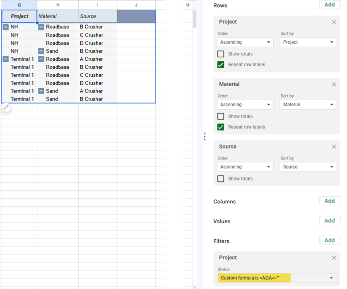 pivot table setup showing rows configuration in google sheets pivot table editor