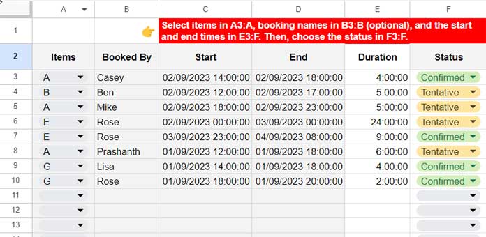 Data Input Sheet for Items, Bookings, Start and End DateTimes