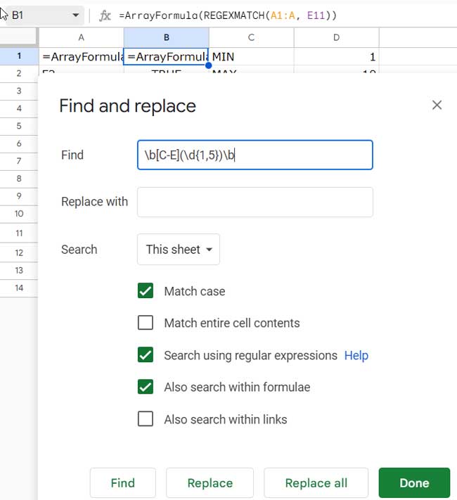 Search Dependent Cell Using Regex in Find and Replace in Google Sheets