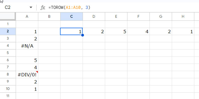 TOROW Function Example for Transposing Data