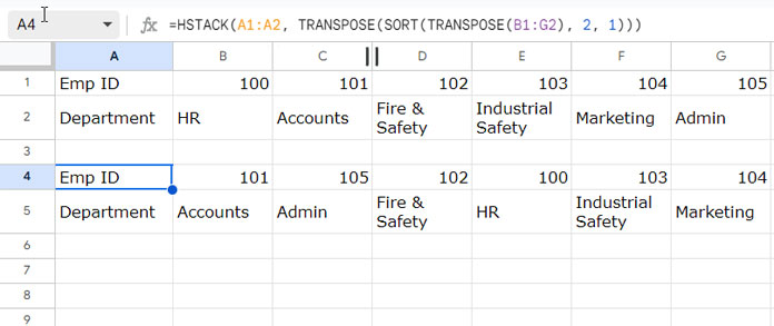 Nested TRANSPOSE Function Example in Google Sheets