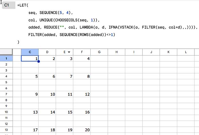 Adding N Blank Rows to SEQUENCE Results in a Grid in Google Sheets