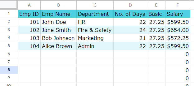 Visualization of alternated row colors applied to a table