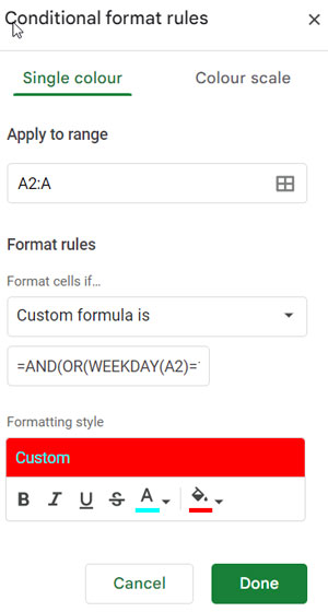 Applying Conditional Format Rules: Range (A2:A) and Custom Formula in Google Sheets
