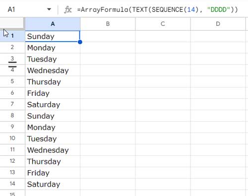 Array Formula for Auto-filling Days of the Week in Google Sheets
