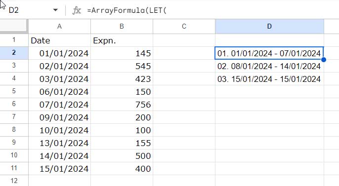 Image demonstrating the conversion of dates into combined week ranges.