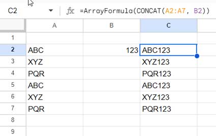 CONCAT function in Google Sheets - Array Formula Example 1