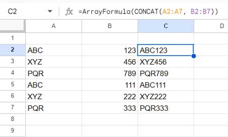 CONCAT function in Google Sheets - Array Formula Example 2