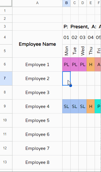 Drop-downs for Selecting the Leave Types in the Attendance Sheet
