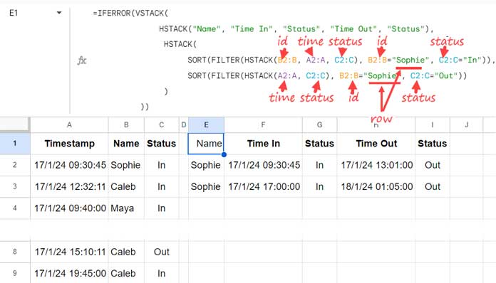 Combining Time In and Time Out into the Same Row: Key Section