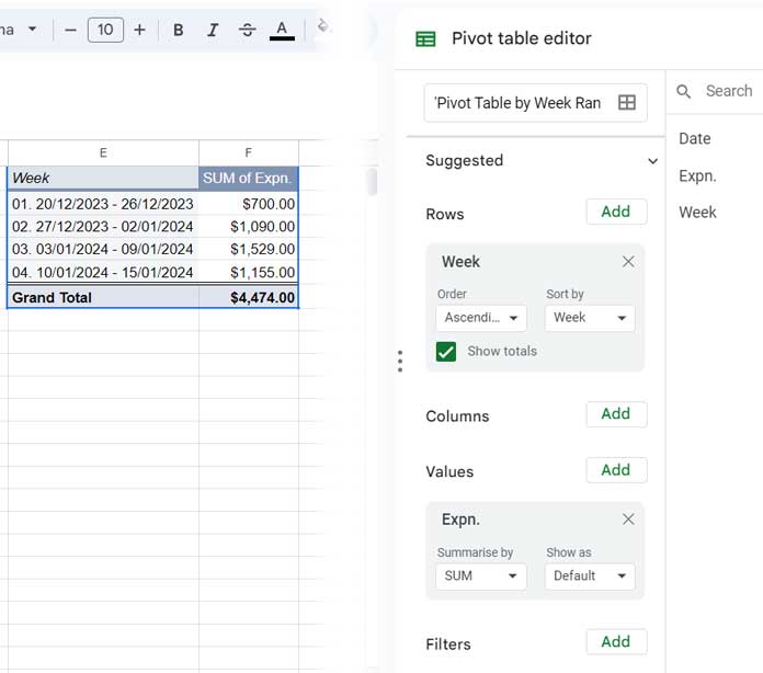Group by Week Range in Pivot Table in Google Sheets