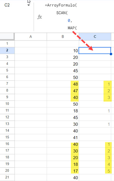 Helper formula used in Highlighting 3 Consecutive Decreases