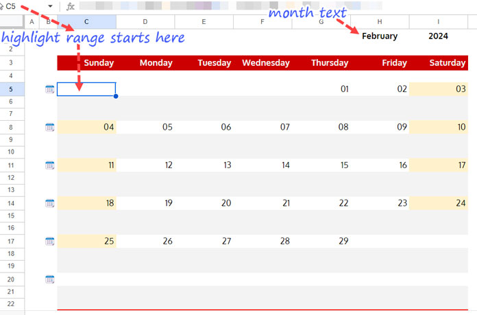 Highlighted weekends in a calendar in Google Sheets