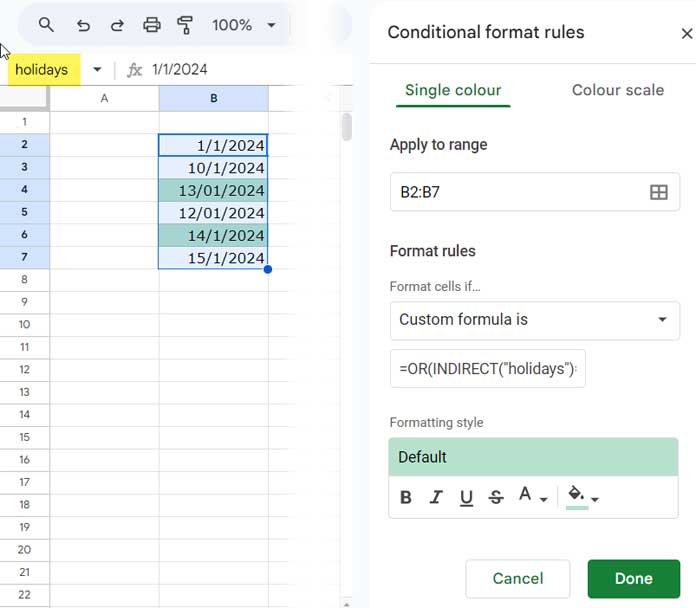 Highlighting values within the named range area in Google Sheets.