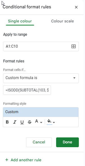 Alternating Row Colors for Visible Rows Using Formula in Google Sheets