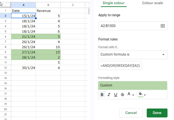 Conditional Format Rule for a Row Range in Google Sheets
