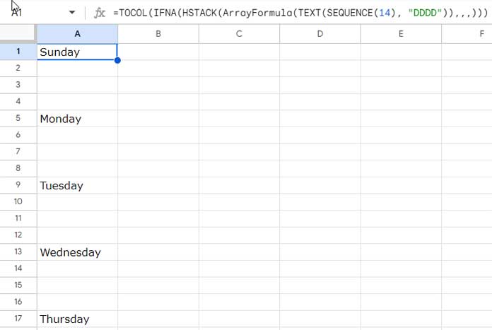 Days of the Week with Blank Rows in Array Formula