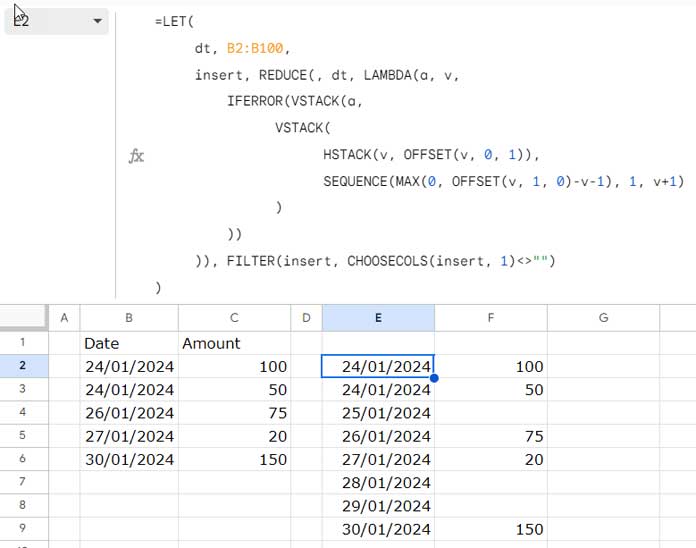 Filling Missing Dates in Google Sheets Using the Two-Column Approach