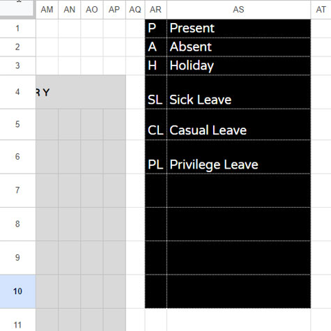 Leave Categories in the Attendance Sheet Template