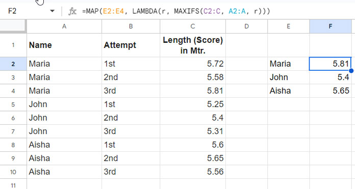 Testing Multiple Criteria in Single Column: Image Illustrating MAXIFS and MAP Lambda for Array Results in Google Sheets