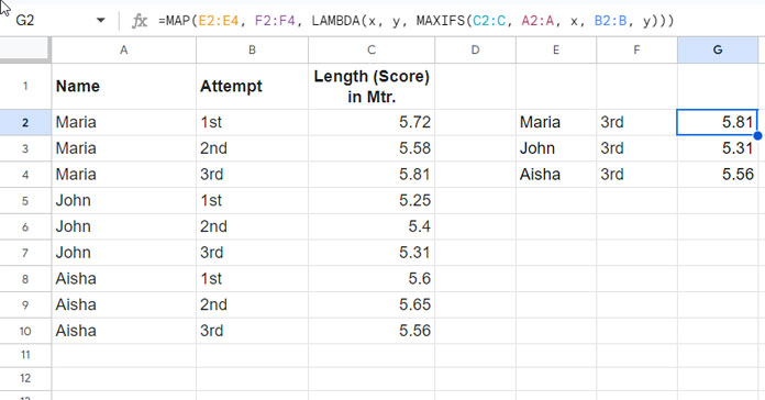 Testing Multiple Criteria in Multiple Columns: Image Demonstrating MAXIFS and MAP Lambda for Array Results in Google Sheets