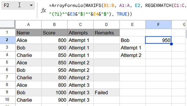 Screenshot illustrating the application of MAXIFS with Multiple Criteria (OR Logic) in Google Sheets.