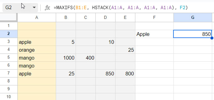Screenshot displaying the application of MAXIFS with scattered values in Google Sheets.