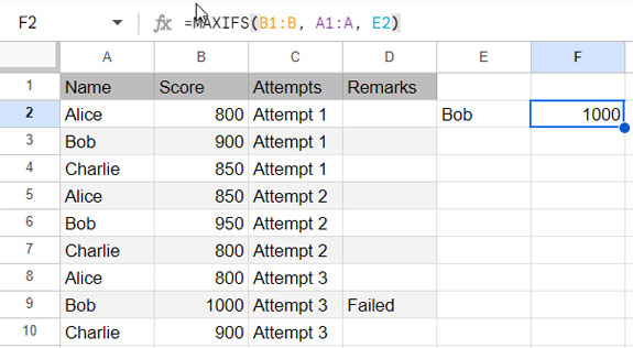 Screenshot demonstrating the usage of MAXIFS with a single criterion in Google Sheets