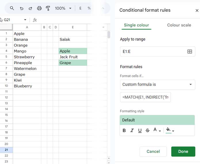 Matching values in the named range and applying highlighting.