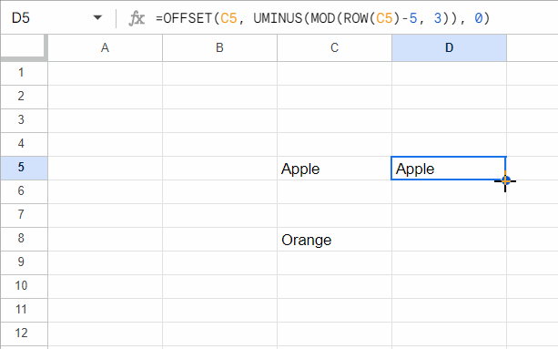 Google Sheets Formula: OFFSET, UMINUS, MOD, and ROW combination to Copy Value Down in Every n Cells