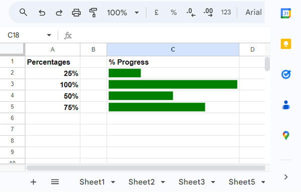 Horizontal Percentage Progress Bar Created with SPARKLINE in Google Sheets
