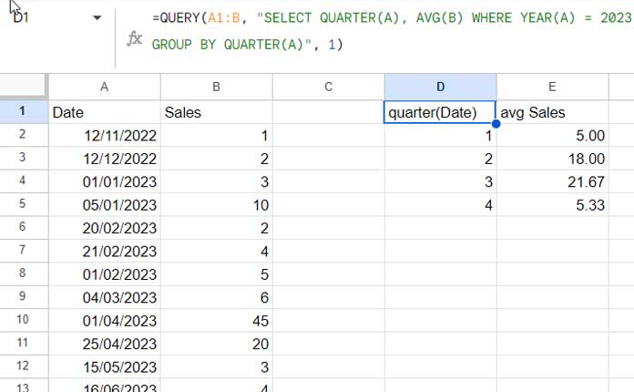 Calculating Average by Quarter Using the QUERY Function