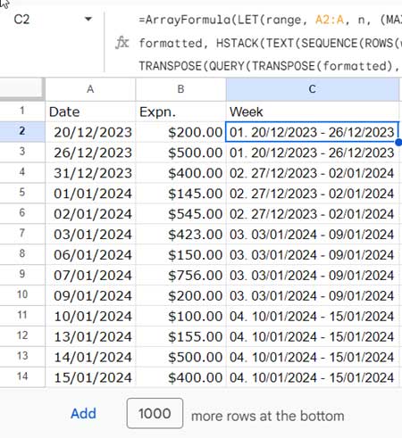 Helper column in Google Sheets for Pivot Table grouping using week ranges