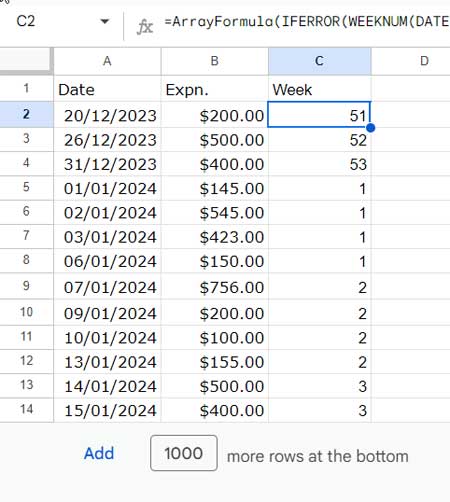 Helper column in Google Sheets for Pivot Table grouping using week numbers