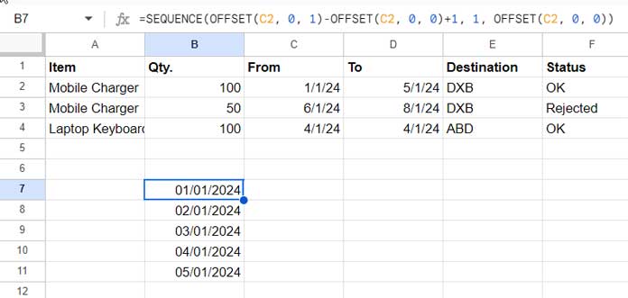 Demonstrating the use of SEQUENCE in expanding start and end dates for duplicating records.
