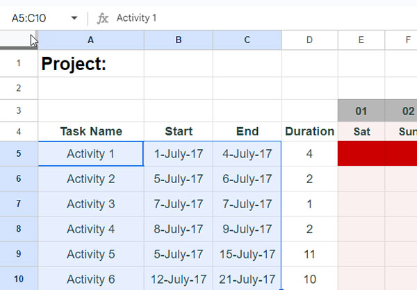 Preparation of free Gantt chart template with tasks and corresponding start and end dates
