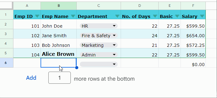 GIF showcasing the dynamic performance of self-formatting tables in Google Sheets