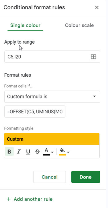 Google Sheets Calendar: Applying Format Rule to Highlight Today and 2 Cells Below