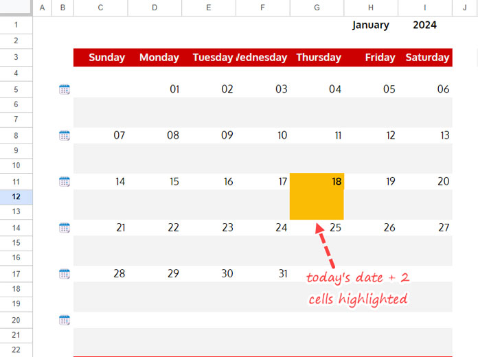 Google Sheets Calendar: Highlighting Today and N Cells Below