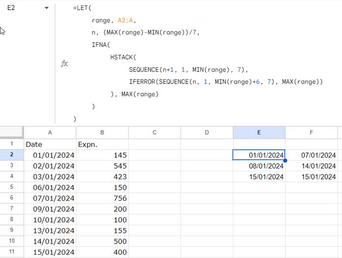 Converting dates into week ranges, displayed in two columns.