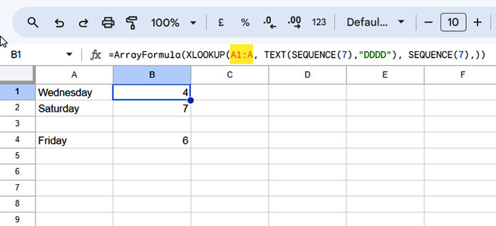 Weekday Names to Numbers Array Formula in Google Sheets
