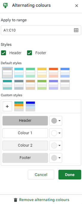 Selecting Header and Footer in Highlighting: Google Sheets