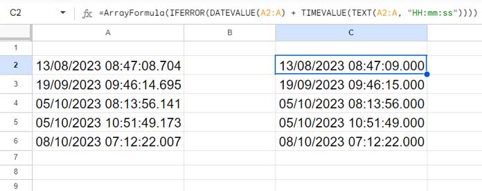 Adjust Timestamps to the Nearest Second based on Milliseconds - Google Sheets