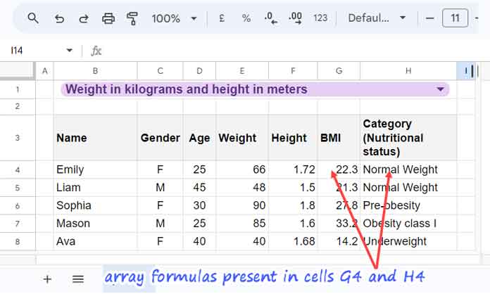 Google Sheets BMI Calculation Formula