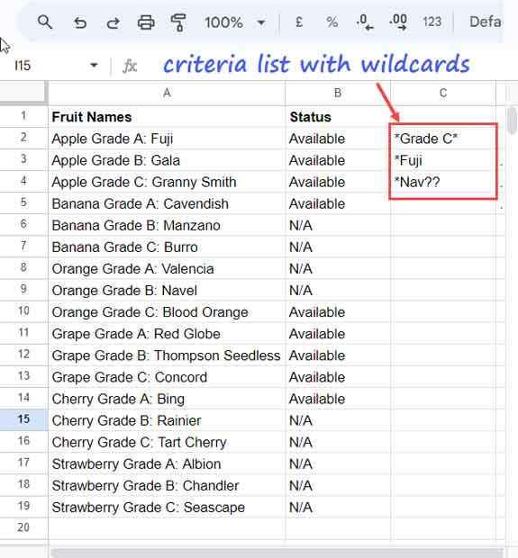 Sample data table and criteria list with wildcards