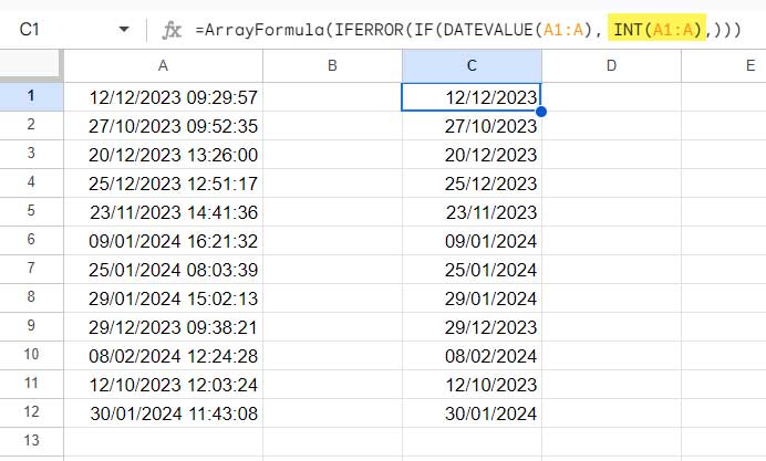 "Extracting date from timestamp or datetime in Google Sheets using Array Formula