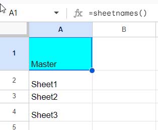 Custom function returning sheet names in Google Sheets