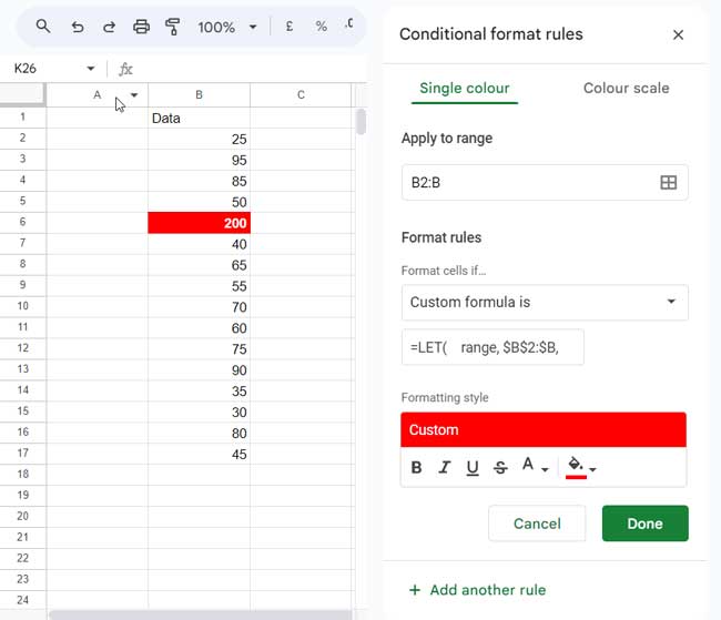 Example of highlighting outliers in Google Sheets
