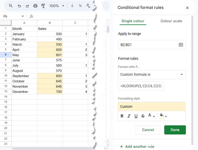 Highlighting 3 consecutive increases in Google Sheets